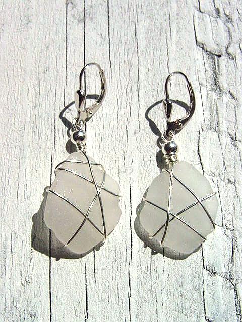 Sea glass earrings 925 silver 45 mm total length