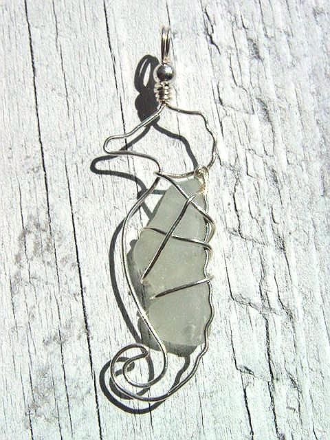 Sea horse sea glass pendant 925 silver 62 mm length