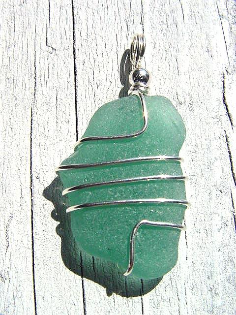 Sea glass pendant geometrical 925 silver 43 mm length