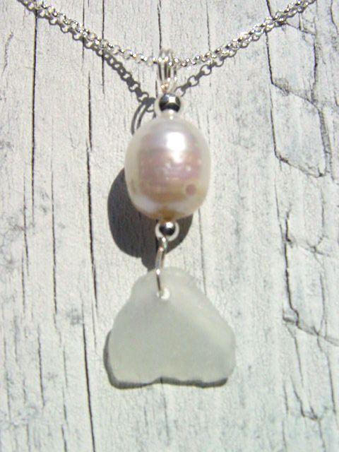 Sea glass pendant with pearl 925 silver 44 mm length