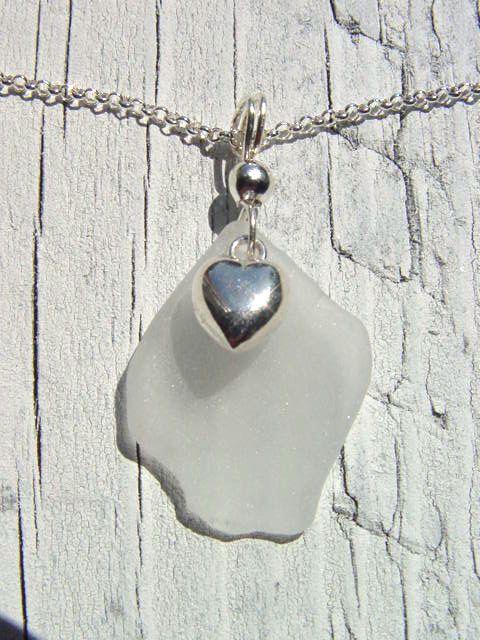 Heart sea glass pendant 925 silver 37 mm length