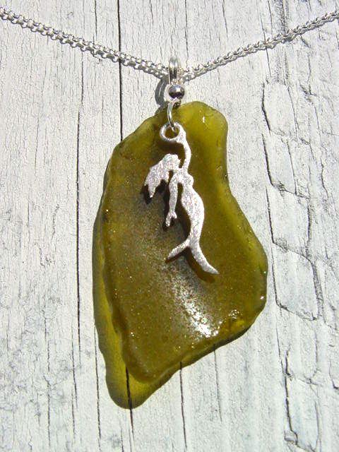 Mermaid sea glass pendant 925 silver 60 mm length