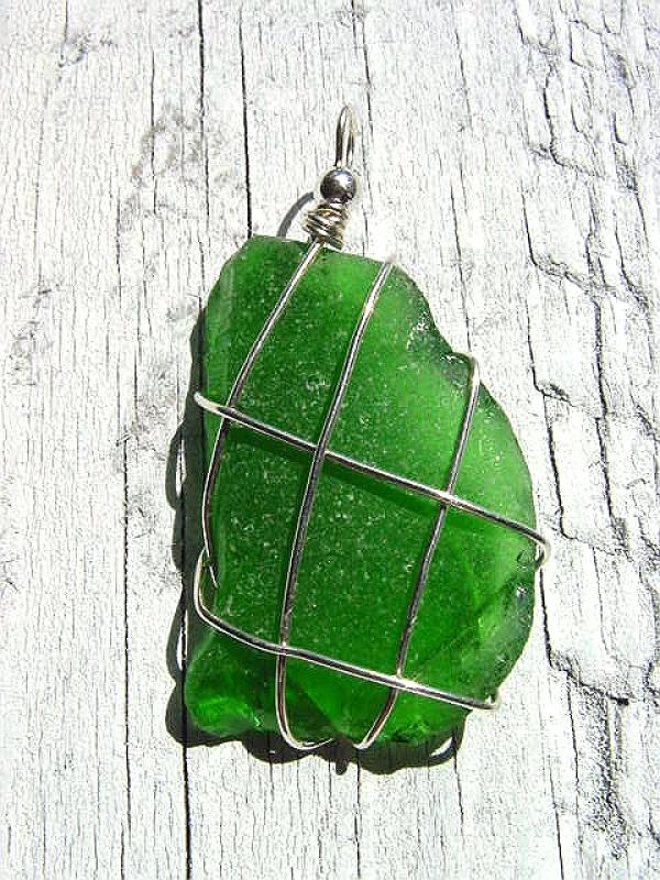 Sea glass pendant 925 silver 52 mm length